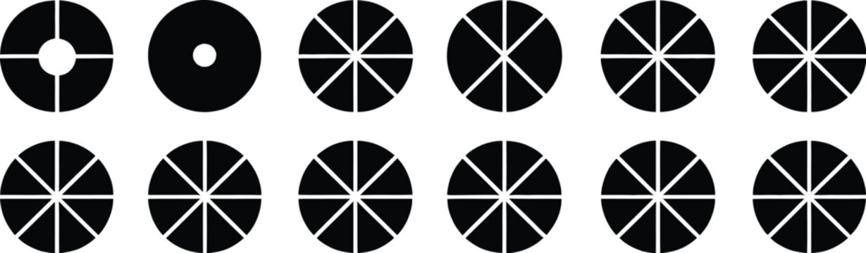 Pie chart segment icons, colorful circle section symbols for one two three four five six parts, wheel diagrams and vector graphics.