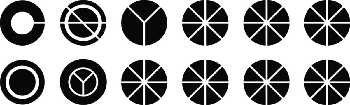 Segmented circle chart icons, colorful pie sections for three and six phase cycles, wheel diagrams, geometric symbols and vector designs.