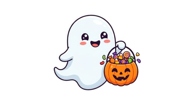 Cartoon ghost holding jack-o'-lantern candy bucket