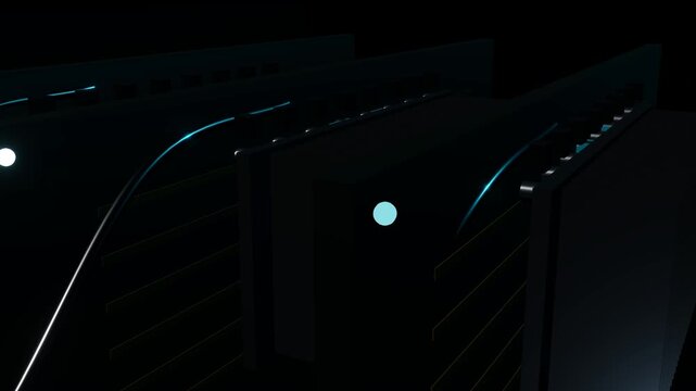 Cinematic 3D macro visualization inside a high-performance AI server rack, featuring physically believable GPU accelerator modules, cooling heatsinks, fan infrastructure, and subtle data signal