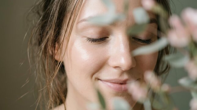 Close up of a beautiful woman with glowing natural skin smiling behind green leaves, showing healthy natural skin care routine results for natural skin wellness and beauty.