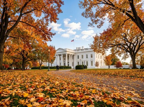 The White House in autumn with colorful leaves on the ground , Fall And Autumn Season, Halloween, Thanksgiving