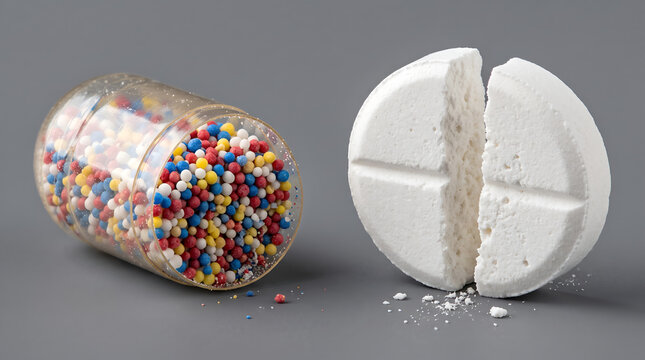 Detailed cross section of a broken pharmaceutical tablet and open gelatin capsule showing internal granular particles.