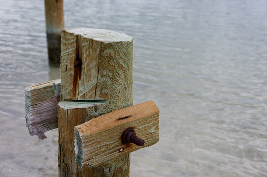 Close-up of a weathered wooden dock post with a rusty bolt and pronounced grain in Treasure Island, FL beside calm coastal water, highlighting marine wear, texture and a rustic, tranquil seaside atmos