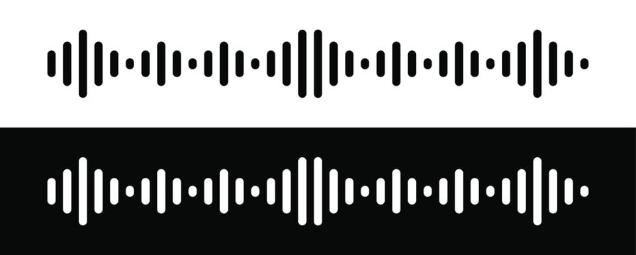 Audio wave vector icon set. Sound wave frequency equalizer and voice recording volume indicator symbol. Digital audio waveform line graphics in black and white