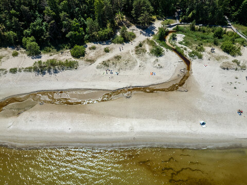 Aerial view of Silinupe mouth and beach between Lapmezciems and Bigaunciems villages, Latvia