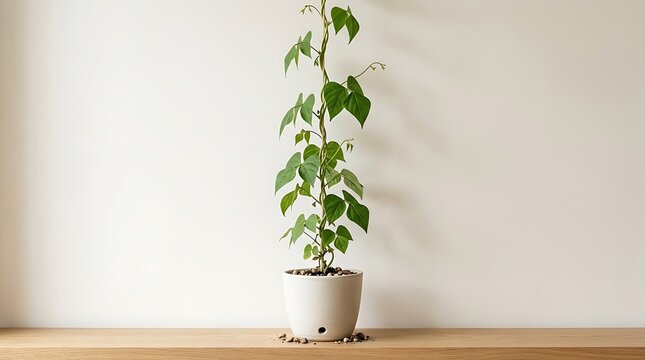 A beanstalk vine growing tall in a simple white ceramic pot on a wooden shelf against a minimal wall