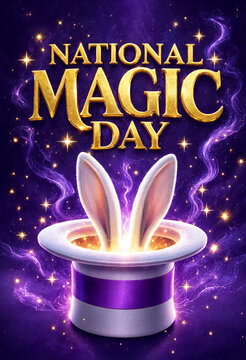 National magic day poster with a magical top hat and rabbit ears emerging from a glowing light, surrounded by purple smoke, sparkles, and golden text