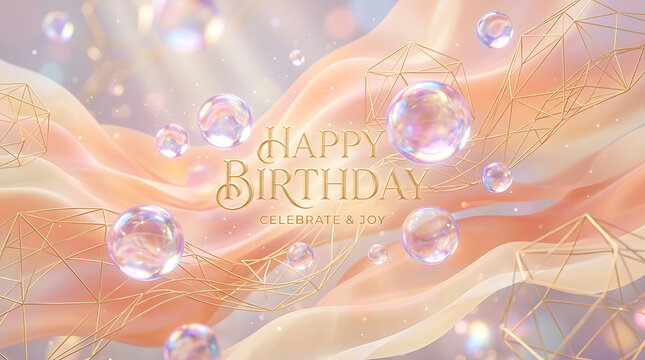 Happy Birthday greeting in gold lettering on a dreamy pastel background with iridescent bubbles and flowing ribbons