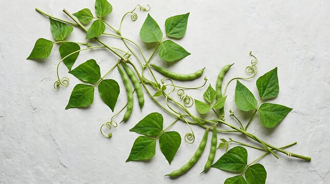 A detailed close up of a fresh green beanstalk vine with tender pods and leaves on a rustic white background