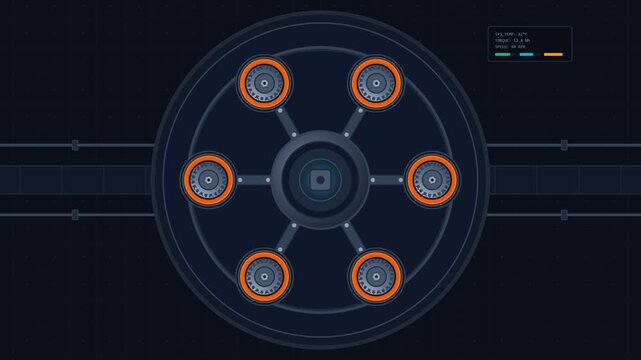 Futuristic circular HUD interface for mechanical engineering data visualization