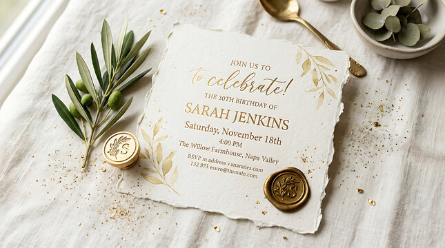 Elegant botanical wedding invitation card with gold wax seal and greenery on textured white background
