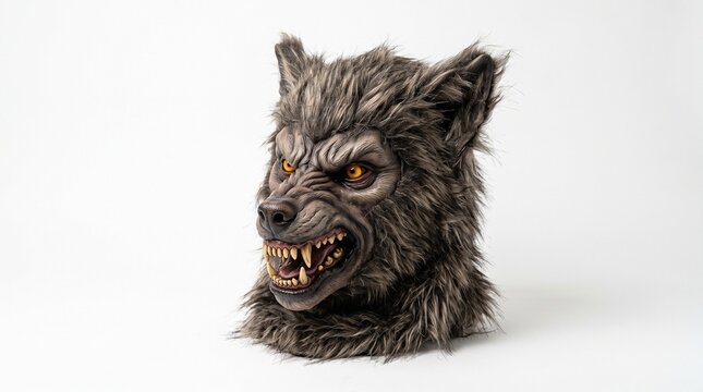 Furry werewolf mask with sharp teeth and glowing eyes on a white background