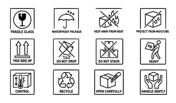 Shipping Packaging Fragile and Handling Symbols Vector Set