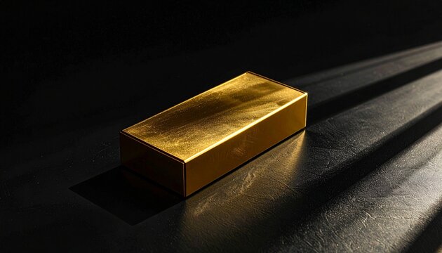 Gold Bar in Dramatic Sunlight Casting Long Shadows on Black Surface
