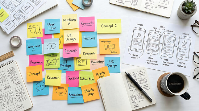 Overhead view of colorful sticky notes and planning documents on a creative office desk with coffee