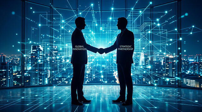 Silhouetted business partners shaking hands in a futuristic digital city with glowing network connections