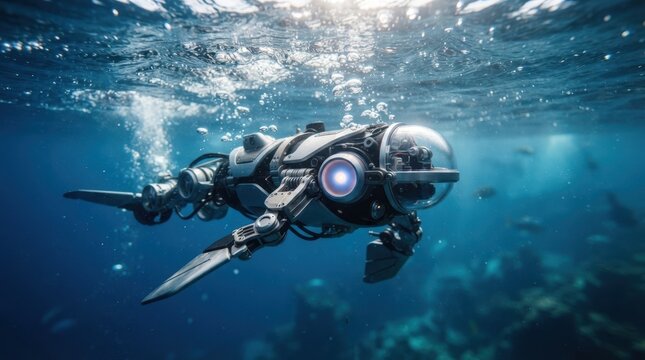 Underwater robotic swimmer with folding wing joints, LED status pod, and bubbles beneath the surface.