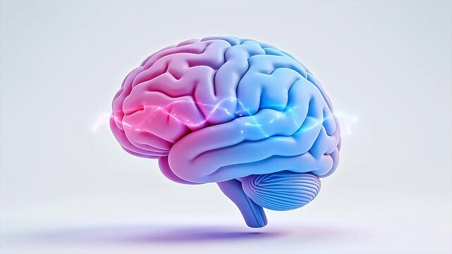 Human brain model with blue left and pink right hemispheres on light background