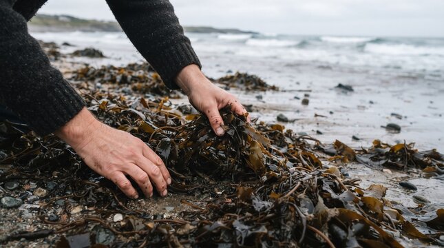 Hands sift through rich strands of seaweed on a tranquil beach, uncovering treasures of the ocean as waves softly lap the shore. The cool air carries hints of salt and sea.