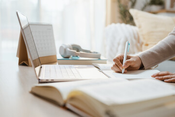 Hands write class notes as education and study and e-learning and lesson and elearning lead, then...