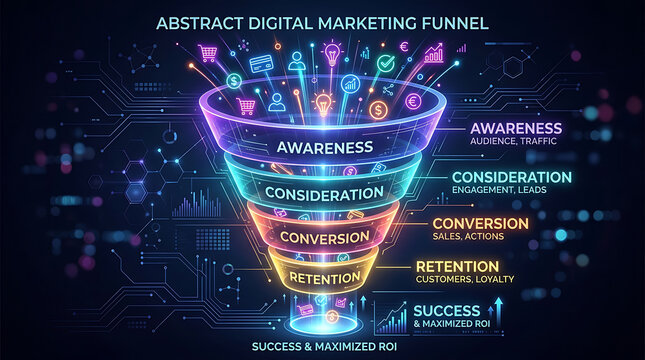 3D abstract digital marketing funnel with neon conversion icons on a dark tech background.
