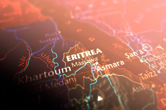 Map of Eritrea styled in cyber red colors. Selective focus on label, close-up view