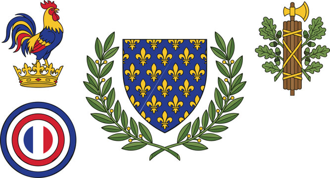 French Heraldic Symbol Vector Set Featuring Fleur De Lis Shield Gallic Rooster National Cockade And Fasces Emblems