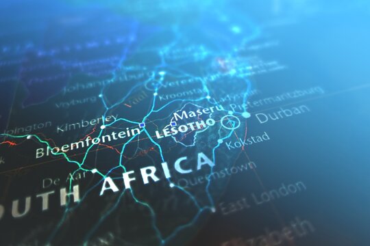 Map of Lesotho styled in cyber blue colors. Selective focus on label, close-up view