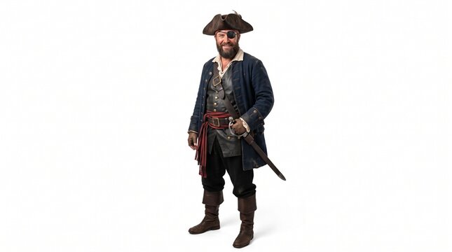 Man dressed as a pirate with eye patch and sword standing against a white background