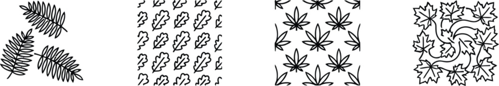 Botanical pattern set featuring fern fronds, oak leaves, cannabis hemp, and autumn maple leaf symbols for organic design