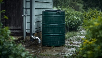 Fototapeta premium Generative AI depicts a rain-soaked backyard with a green rain barrel