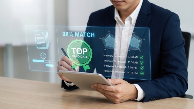 Human resources manager reviewing candidate profile with ai recruitment software showing interview schedule and applicant matching score