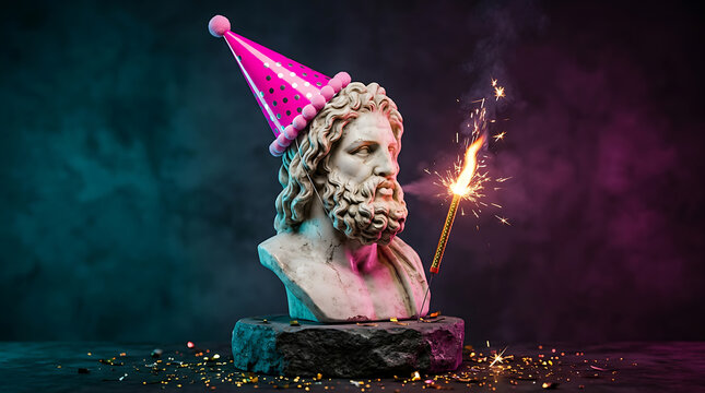 Classic Greek bust statue wearing a neon-pink party hat blowing out a sparkler candle in split lighting.
