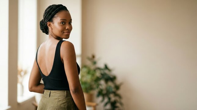 Confident Black woman in an open back top shows healthy smooth skin while posing in a bright modern home