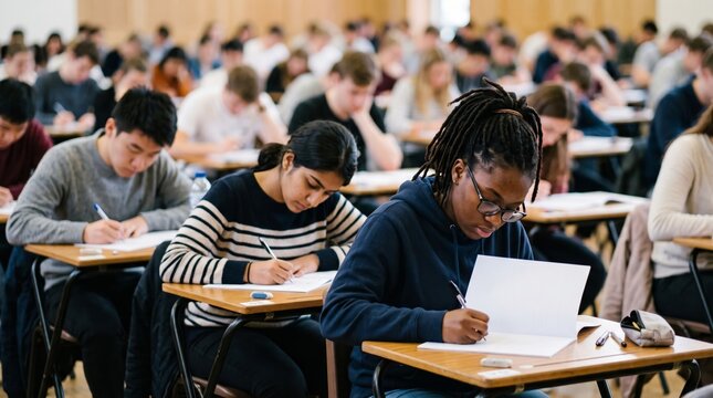 Diverse university students concentrate while writing an exam at individual desks in a crowded classroom