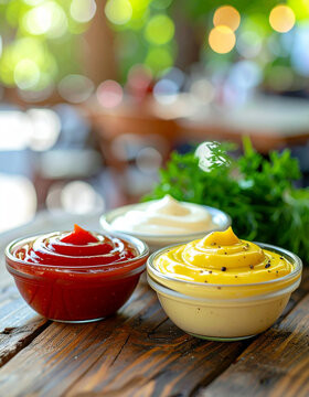 Three bowls of mustard, mayonnaise and ketchup with fresh parsley and dill, rustic wooden table, blurred cafe background, appetizing close-up.