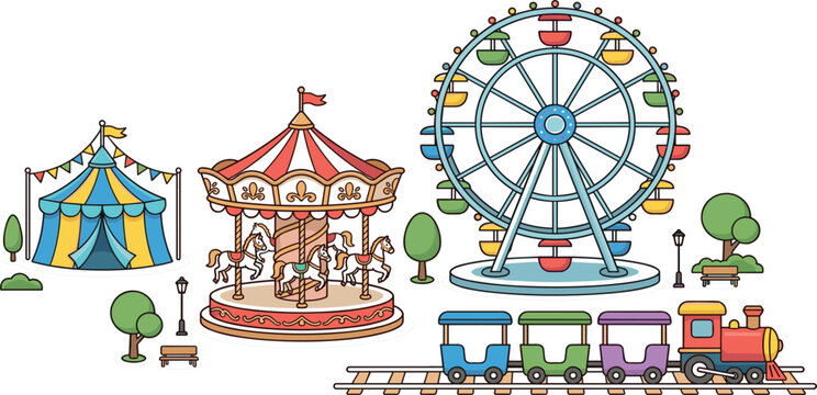 Amusement park carnival vector landscape scene layout with blue circus tent carousel and ferris wheel