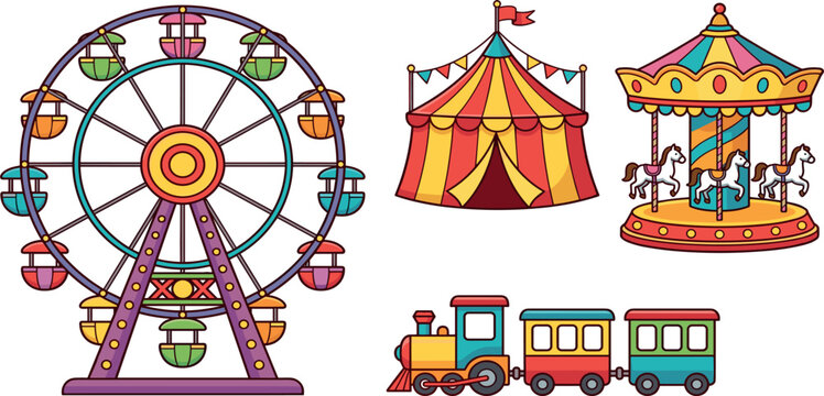 Amusement park carnival vector element icon pack with ferris wheel circus big top and carousel horse
