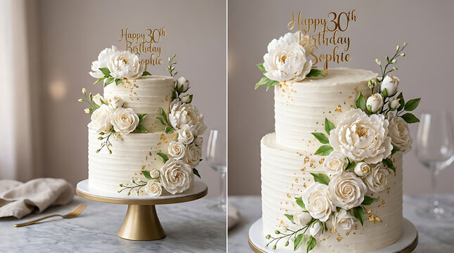 Detailed macro close-up of a two-tier luxury white cake with sugar peonies and gold leaf accents on a grey background.
