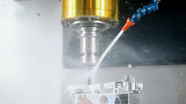 Close-up of CNC machining a metal part with coolant during precision manufacturing. Cutting tool processes a metal workpiece on an automated machine in a modern industrial production environment.