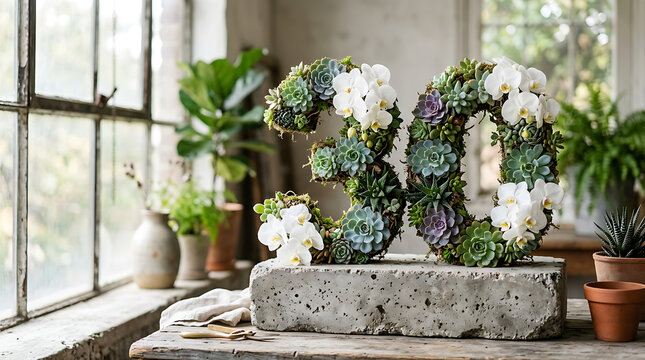 Abstract typography of the number 30 made of succulents and white orchids on a concrete block.
