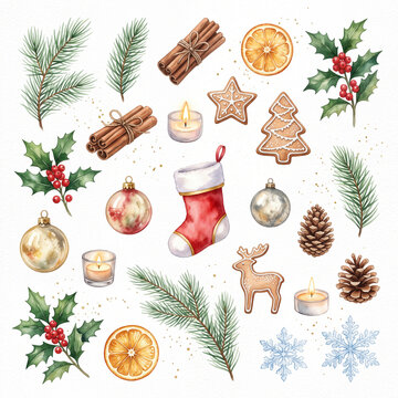 Watercolor Christmas element set for seamless pattern, holiday clipart collection with gingerbread cookies, pine branches, holly berries, cinnamon sticks, orange slices and ornaments, festive winter d