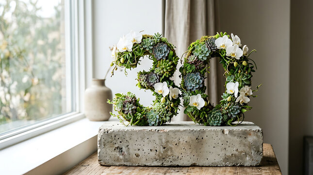 Abstract typography of the number 30 made of succulents and white orchids on a concrete block.
