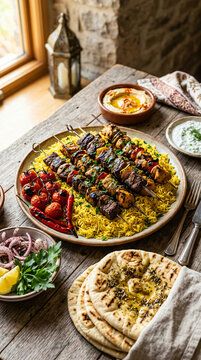 Delicious middle eastern kebabs served with yellow rice hummus and fresh pita bread on a rustic wooden table.