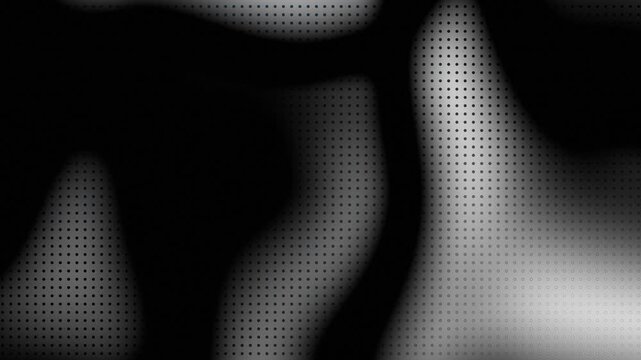 Abstract black and white background with flowing dot pattern. Motion effect with liquid shapes and grid texture. Digital dynamic design for modern tech interface.