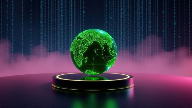 Glowing earth rests upon pedestal. Digital code cascades down background. Pink mist creates futuristic scene.
