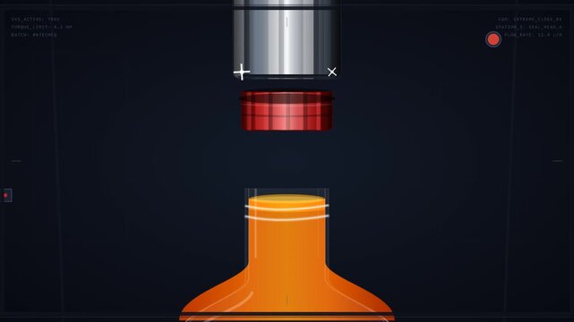 Industrial automated bottle capping process animation with digital user interface overlay