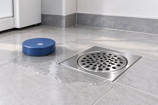 Round blue robotic vacuum cleaner on wet tiled floor near a circular drain with visible water pooling around it in a modern indoor setting
