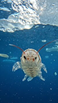 Amphipod swimming under arctic ice in blue water.